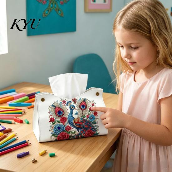 Concentration Training Toys DIY Faux Diamond Art Painting Tissue Box, Leather Desktop Holiday Gift for Craft Lovers Holder Pouch, 5D Rhinestone