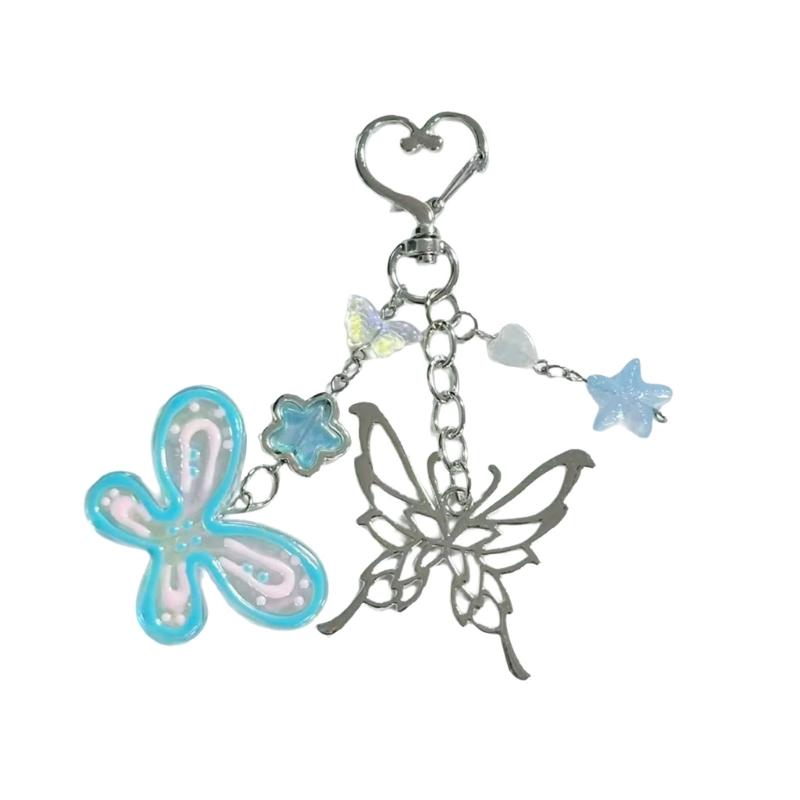 Hand Painted Butterfly Beaded Keychain For Bag Charm Spring Theme Double Tone Sparkling Jewelry Phone Accessory