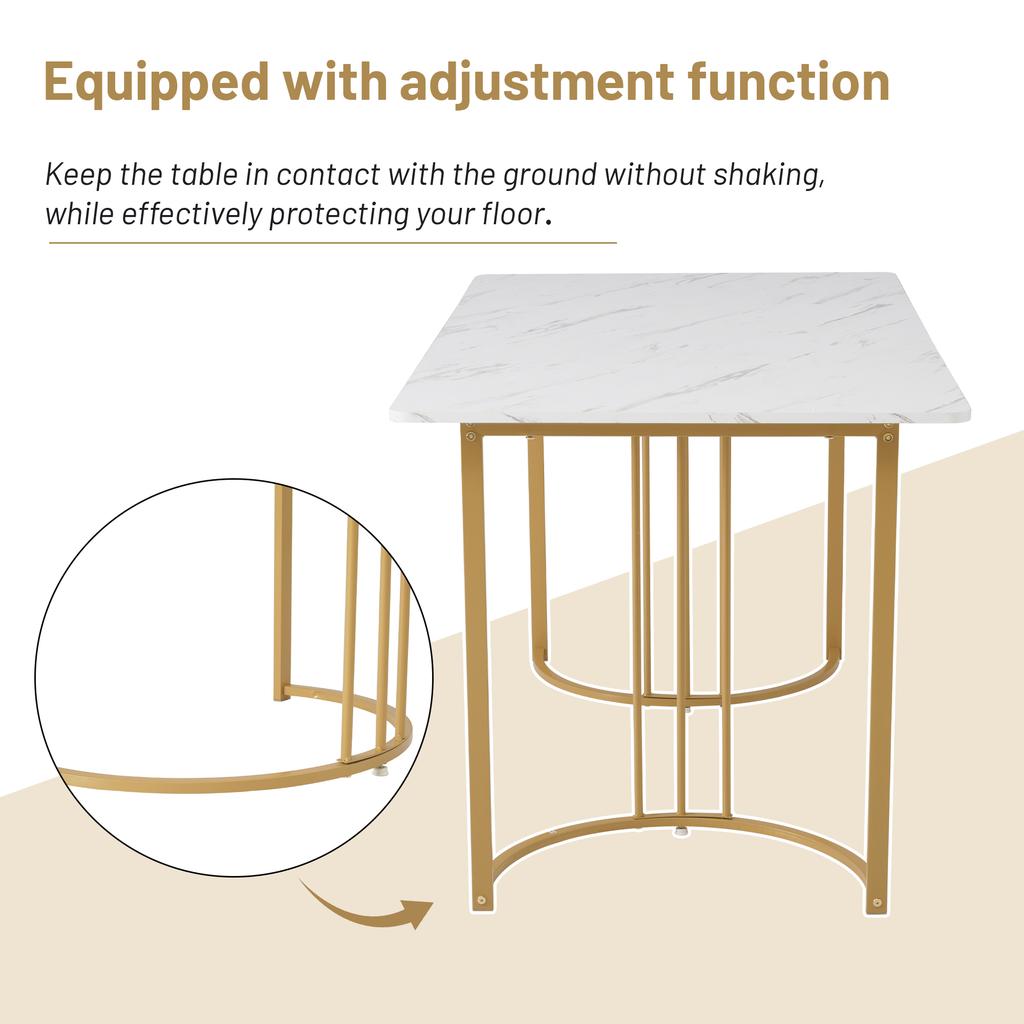Dining Set (5-pc), Dining Table with 4 Chairs, 140×80cm Kitchen Table with Golden Metal Legs, MDF Tabletop In White, Dark Green Velvet Dining Chairs