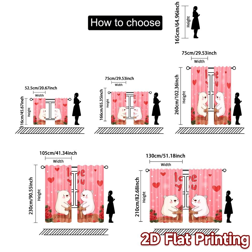 2D Flat Printing  JIT 2pcs   Curtains (Without Rod) Bear Romance Chic Curtains Versatile Polyester Fabric Curtains Thermal