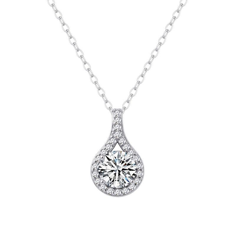

S925 Sterling Silver Moissanite Water Drop Pendant Necklace, PT950 White Gold Plated, 1 Carat Clavicle Chain 925 Silver