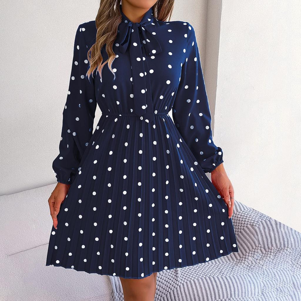 Damen Frühling und Sommer Neues Temperament Gepunktetes Schnürtaillen Langarm Plissiertes Kleid