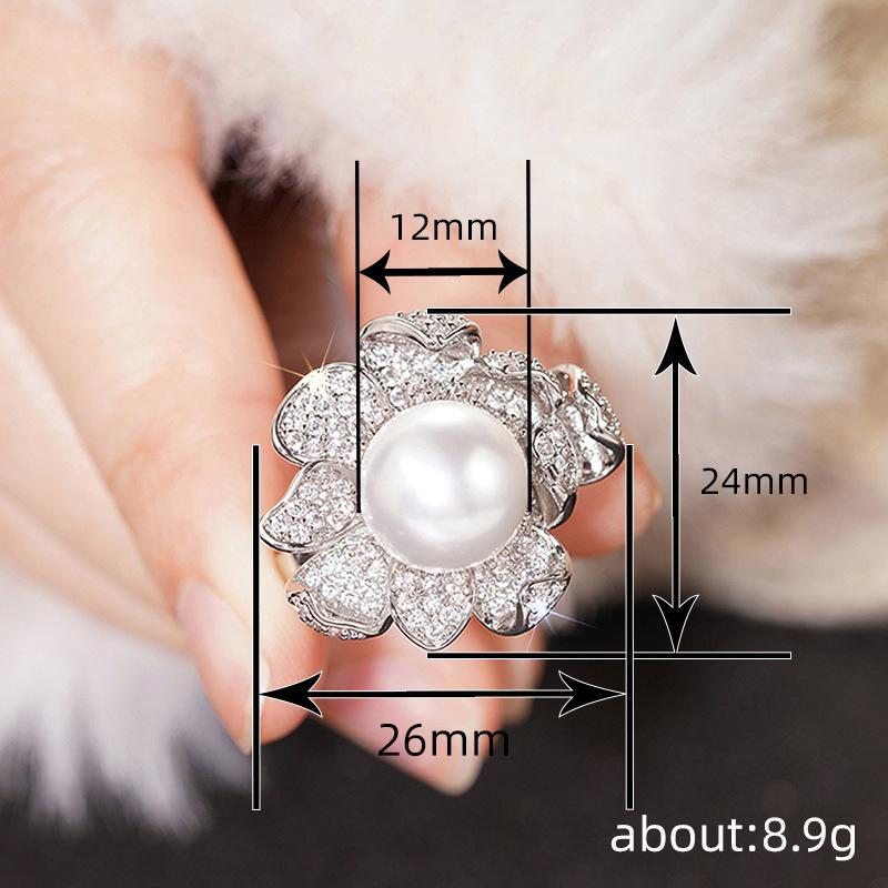 Huitan Aesthetic Flower Shiny Zirconia Finger Ring Luxury Lady Party Jewelry with Simulated Pearl Gorgeous Delicate Accessories