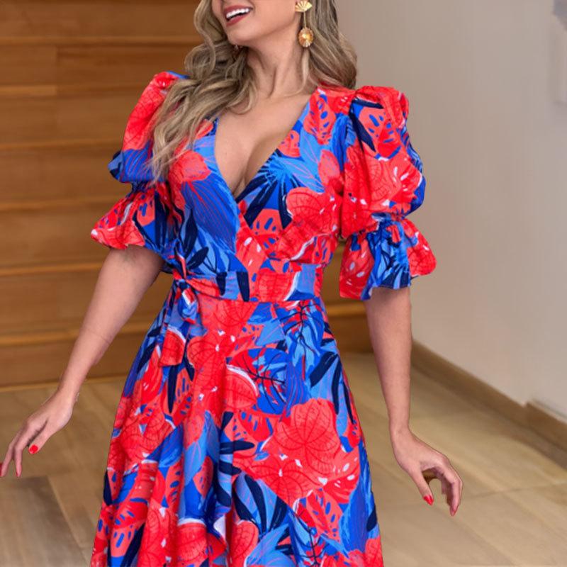 Spring New Women's Clothing Elegant V-neck Printed Irregular Dress for Women