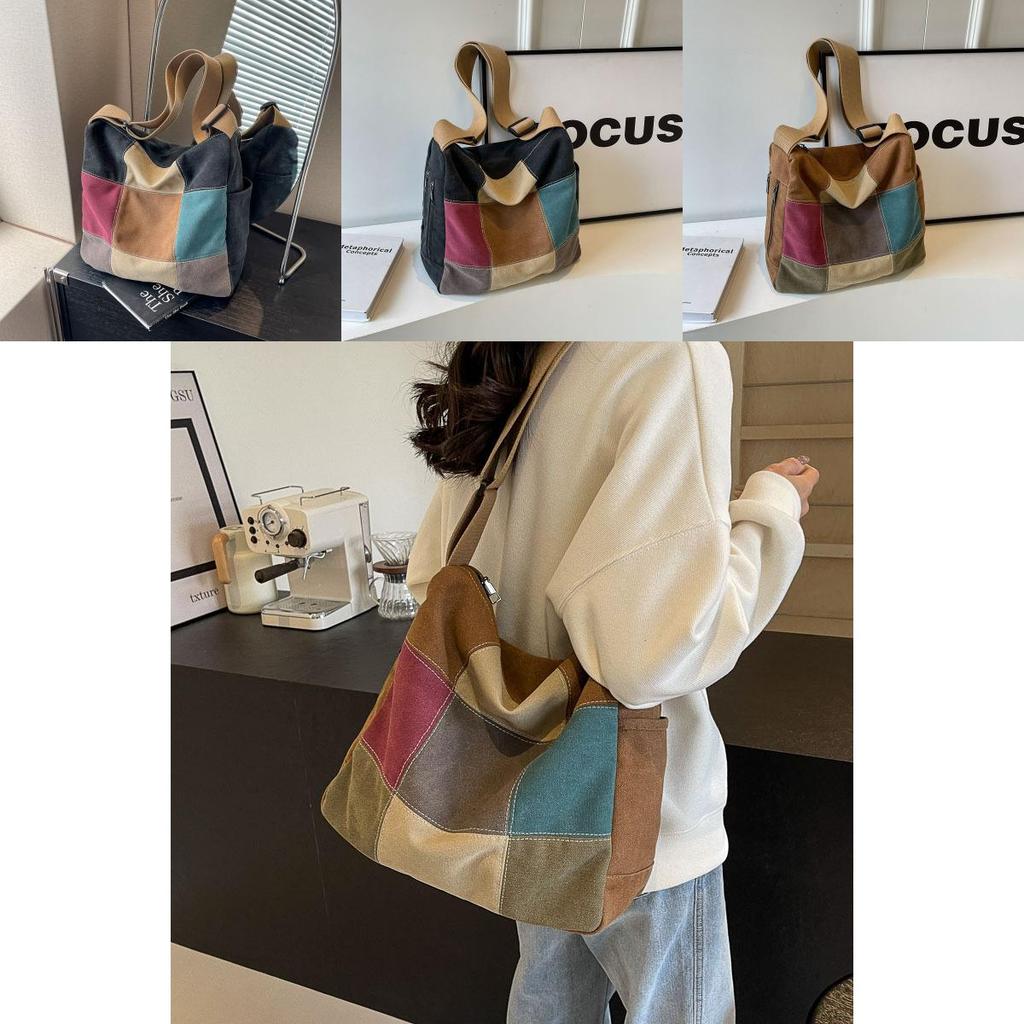 Trendy Color Stitching Canvas Tote Bag 2024 New Street Style Wide Strap Crossbody Bag