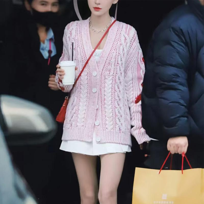 Trendy Pink Cable Knit V-Neck Cardigan Sweater for Women - Loose, Long Sleeve, Single-Breasted
