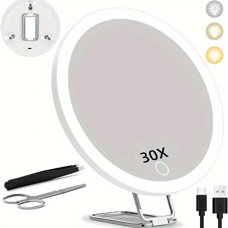 Rechargeable 6-Inch Makeup Mirror with 30x Magnification, LED Fill Light, 360° Bracket, and 3 Suction Cups