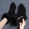 Fashion Black High Heels Booties Add Cotton Women's Snow Boots Rhinestone Ladies Shoes Work Y2k On Offer Furry New Rock Footwear Sale