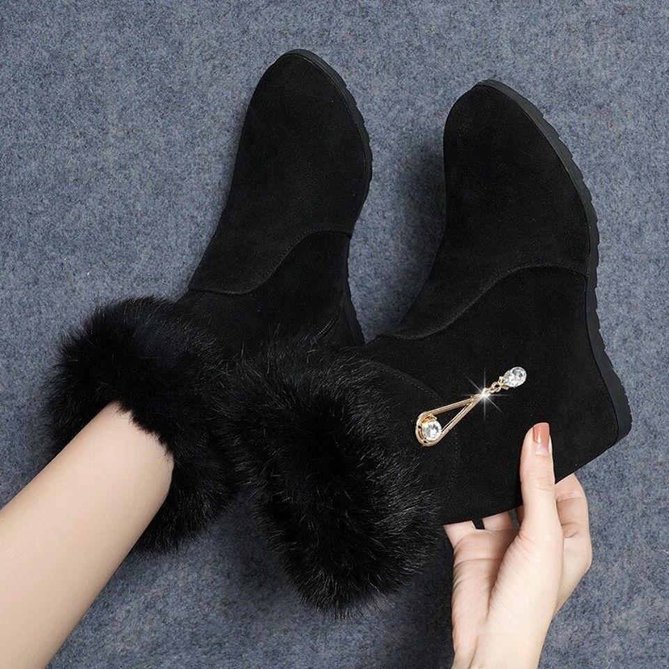 Fashion Black High Heels Booties Add Cotton Women's Snow Boots Rhinestone Ladies Shoes Work Y2k On Offer Furry New Rock Footwear Sale