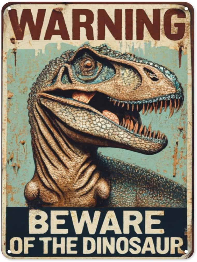 Funny Beware of The Dinosaur Tin Sign Retro Metal Wall Decor Poster Vintage Sign for Home Bar Garage Garden Patio Porch Bathroom