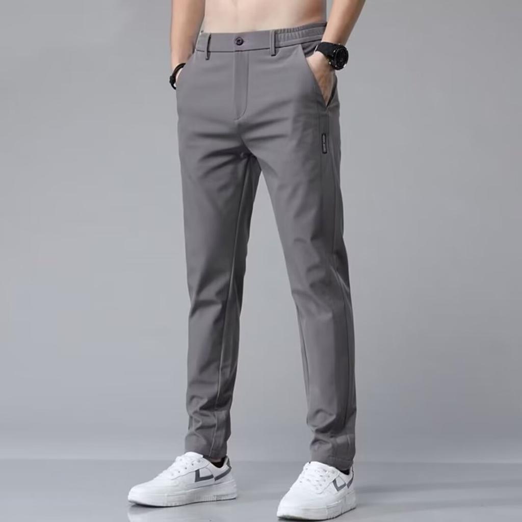 Ultra-thin Elastic Men's Casual Trousers Summer Quick-drying Ice Silk Slim Straight Business Solid Color Trousers Black Gray