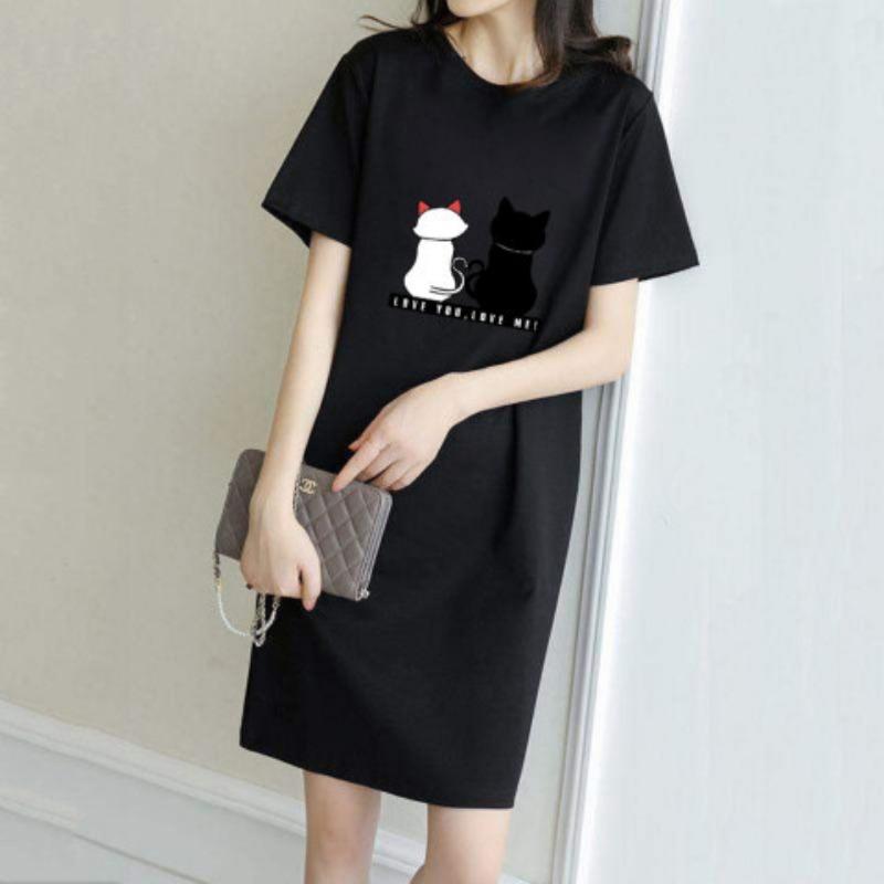 

YYFS Женская мода лето весна перо принт короткий рукав О-образный вырез свободная талия повседневные платья XXXL