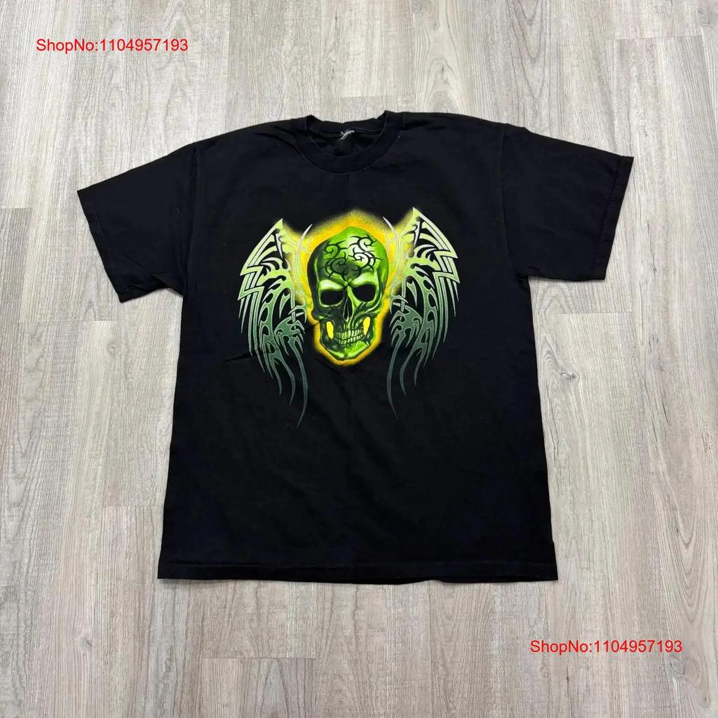 Vintage Skull T Shirt Mens Large Black Grunge Cyber Y2k Goth Skeleton Wings 2000s vintage Washed Stretched Casual streetwear