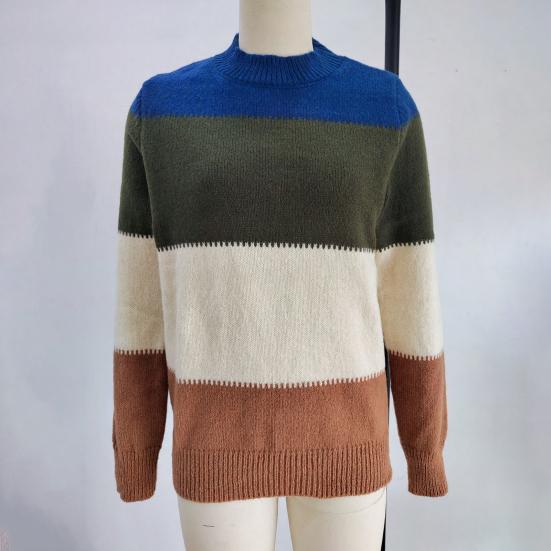 Women Knitting Tops Round Neck Knitted Pullover Tops Long Sleeve Color Blocked Loose Hem H-Shaped Warm