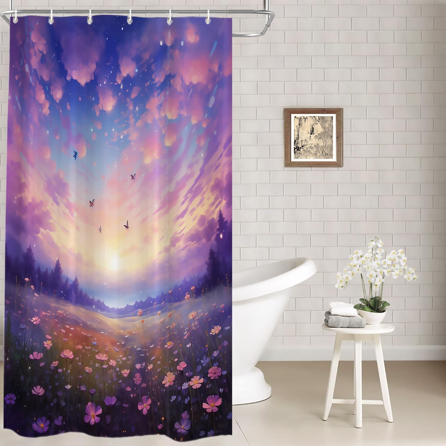 

Fantasy Landscape Waterproof Polyester Fabric Shower Curtain With Hooks Pastel Colorful Floral Scenery Printing Bathroom Decor W60H190(CM)-1 Pcs