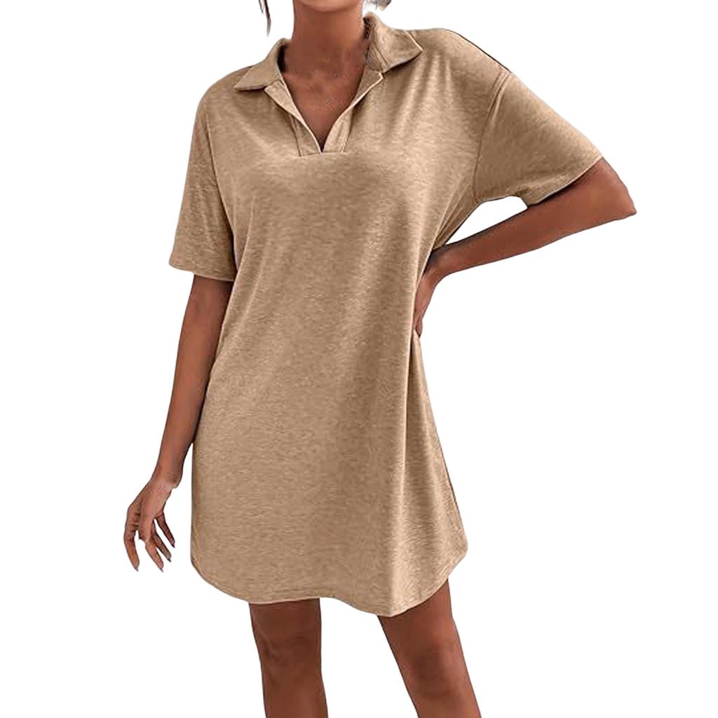 Dámská móda letní ležérní jednobarevné šaty s výstřihem do V a klopou