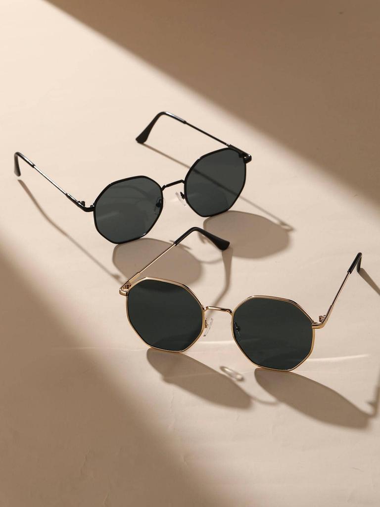 2 Pcs Metal Geometric&Round Frame Fashion Classical Sunglasses For Vacation Decors Photo Props