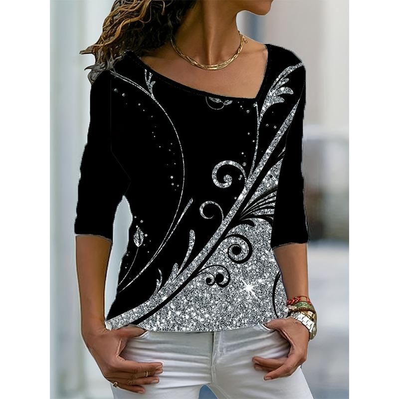 Plus Size Summer Arrival Women s Printed Pattern T-Shirt Asymmetrical Neckline Top Casual Wear Retro Style S