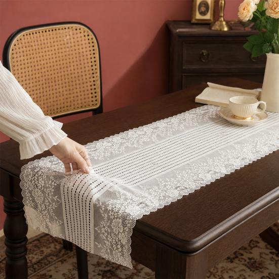 White Lace Table Runner, French Pastoral Style Table Runner, Lace Table Decor with Floral Embroidery for Wedding Party Dining Table Decor