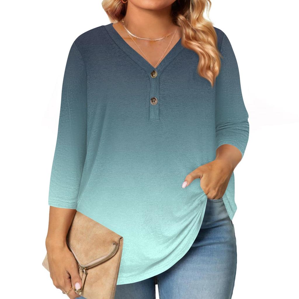 3/4 Length Sleeve Womens Tops Plus Size Button Down V Neck Shirts Blouses Casual Print Loose