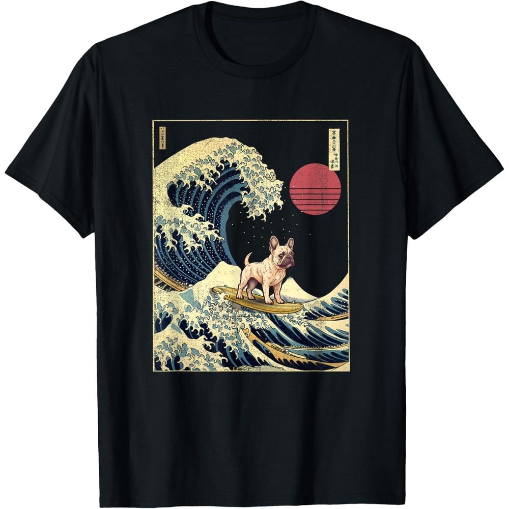 French Bulldog Japanese Kanagawa Wave Funny Surf Dog Cotton Men T Shirt XS чёрный