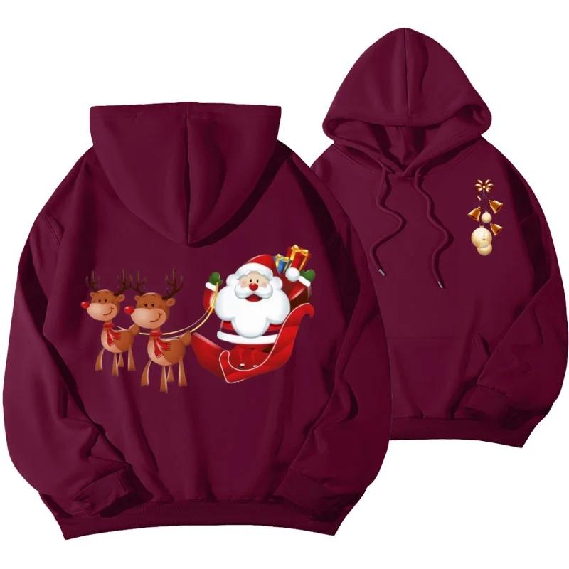 Cute Cartoon Flying Reindeer Santa Claus Graphic Unisex Hooded Sweatshirt, Loose-fit Winter Xmas Streetwear