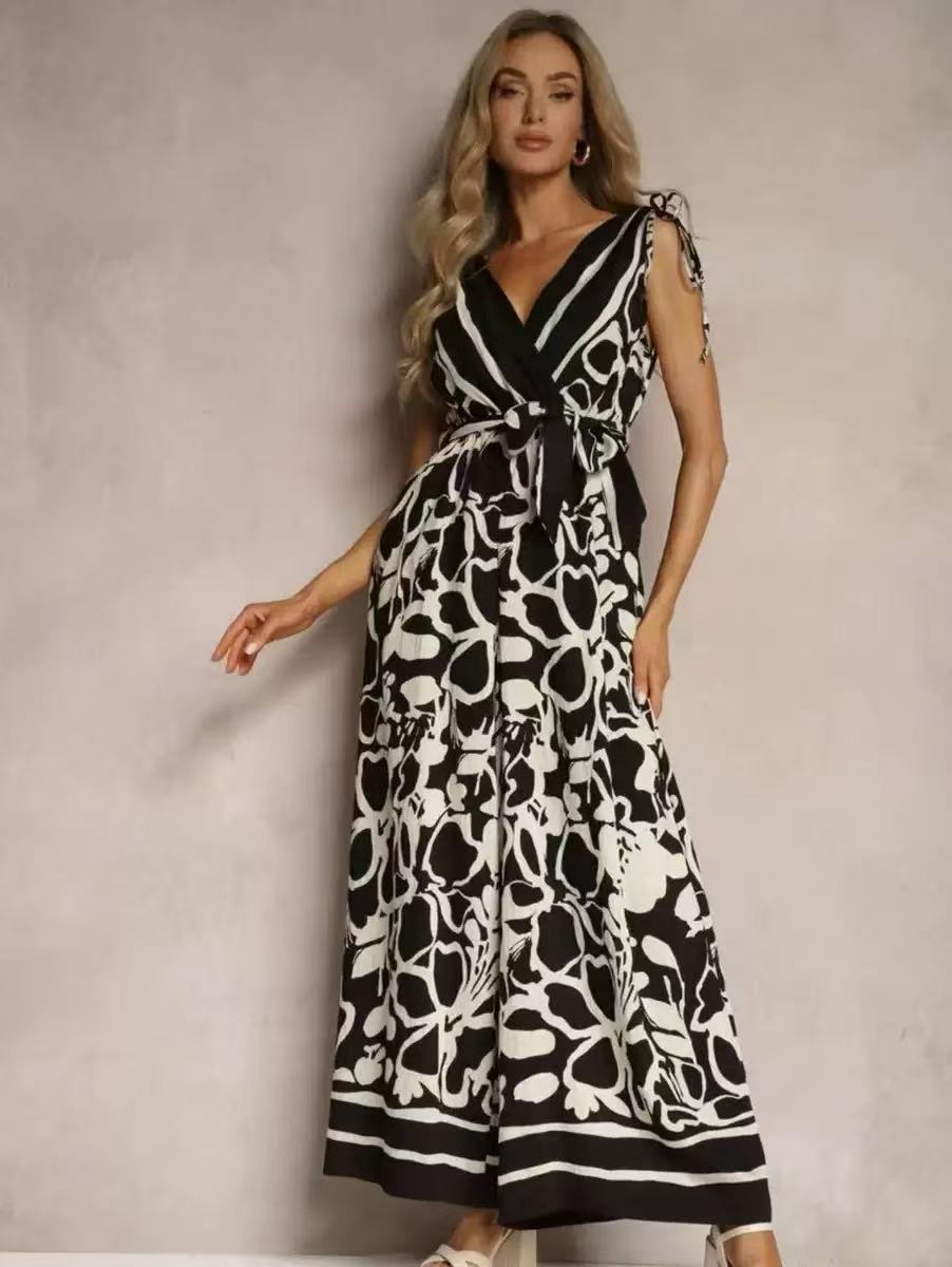 2026 summer European and American fashion casual V-neck printed sleeveless jumpsuit S чёрный