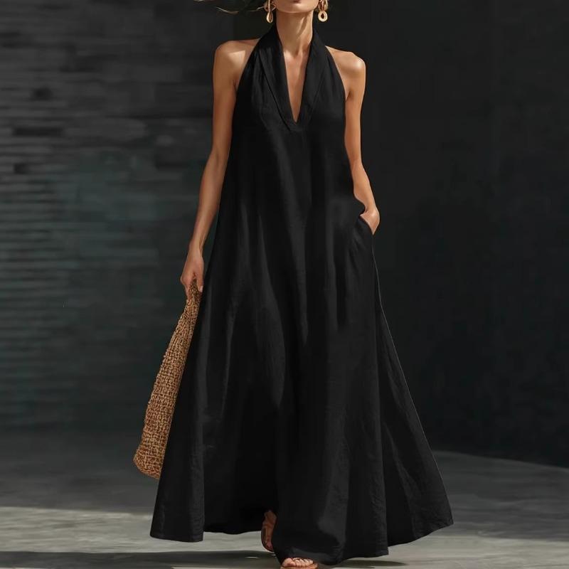 Robes d'été amples à col en V élégantes pour femmes 2026 Nouvelle Robe longue à bretelles au cou Robe trapèze pour fête de vacances Robe mode ample street chic pour jeunes femmes