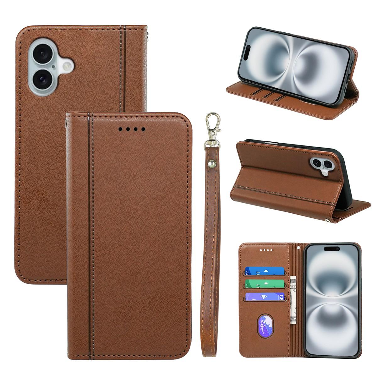 

HX01 For iPhone 16 Plus Wallet Case Magnetic Closing PU Leather Phone Cover Brown