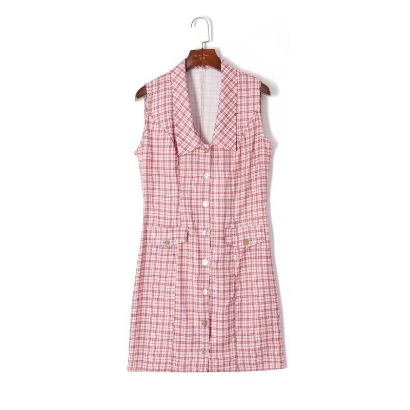

2025 Summer Women s Clothing K-style Color Matching Plaid Elegant Lapel Single Breasted Loose Slimming Youthful-Looking Sleeveless Vest Dress Pink lattice S