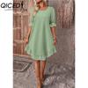 QICED Women's Fashion Summer Spring Solid Color Print Short Sleeve V-Neck High Waist Casual Dresses