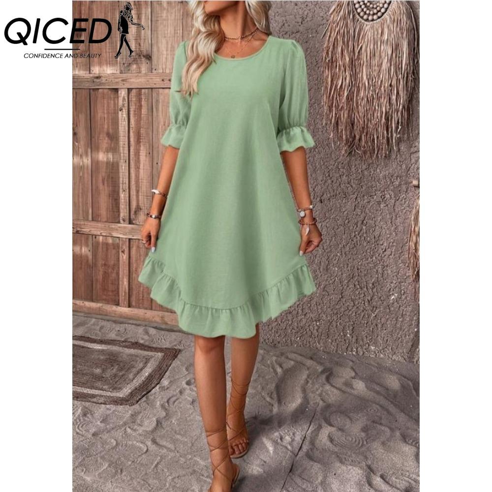 QICED Women's Fashion Summer Spring Solid Color Print Short Sleeve V-Neck High Waist Casual Dresses