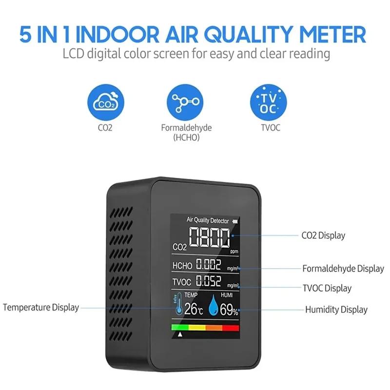 Multifunctional 5in1 CO2 Meter Digital Temperature Humidity Tester Carbon Dioxide TVOC HCHO Detector Air Quality Monitor Gas