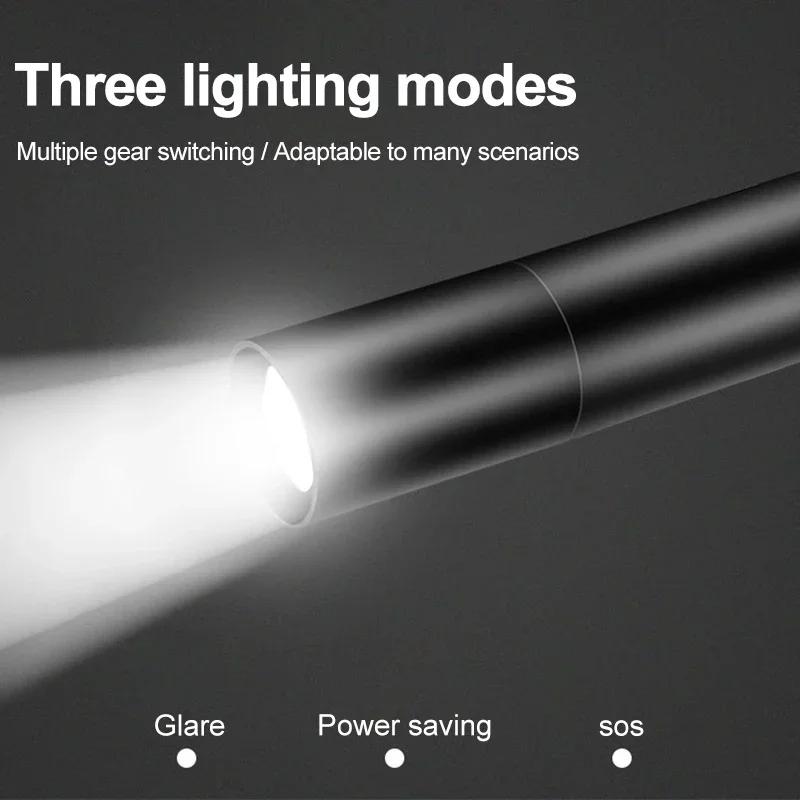Mini Keychain Flashlight USB Charging Waterproof Pocket Torch Lamp 3 Modes Outdoors Strong Light Camping Fixed-Focus Flashlight
