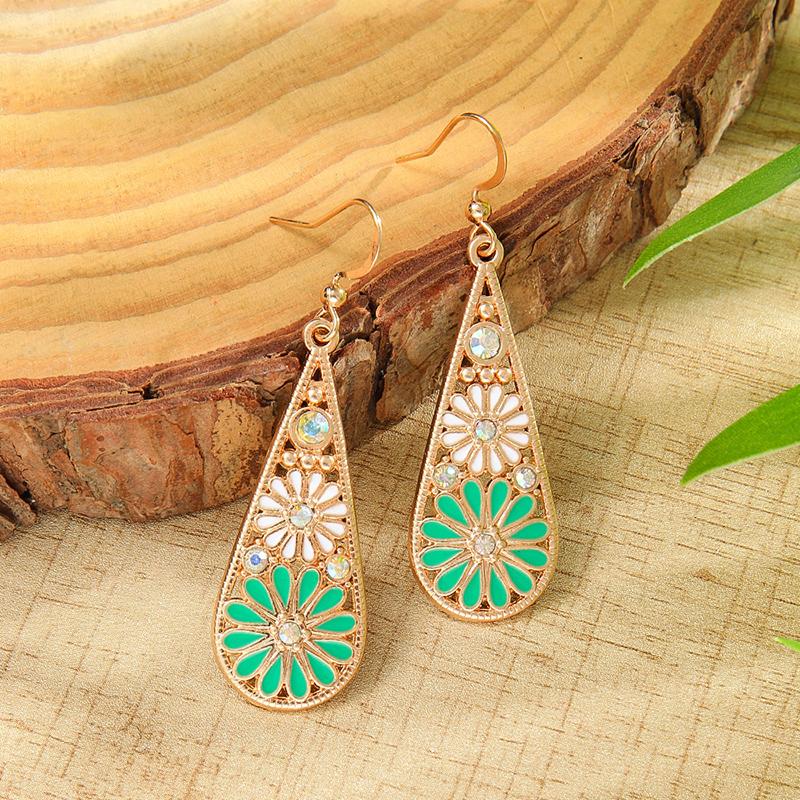 Fashion Ethnic Boho Enamel Flower Long Drop Dangle Earrings For Women Rhinestone Geometric Waterdrop Vintage Wedding Zircon
