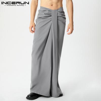 Men Twisted Zipper Waist Casual Wide Leg Trousers Ruffled Long Pants