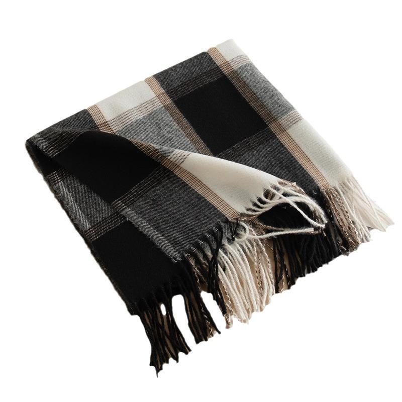 New Korean Contrasting Plaid Imitation Cashmere Tassel Scarf for Women College Style Fashionable and Versatile Warm Scarf