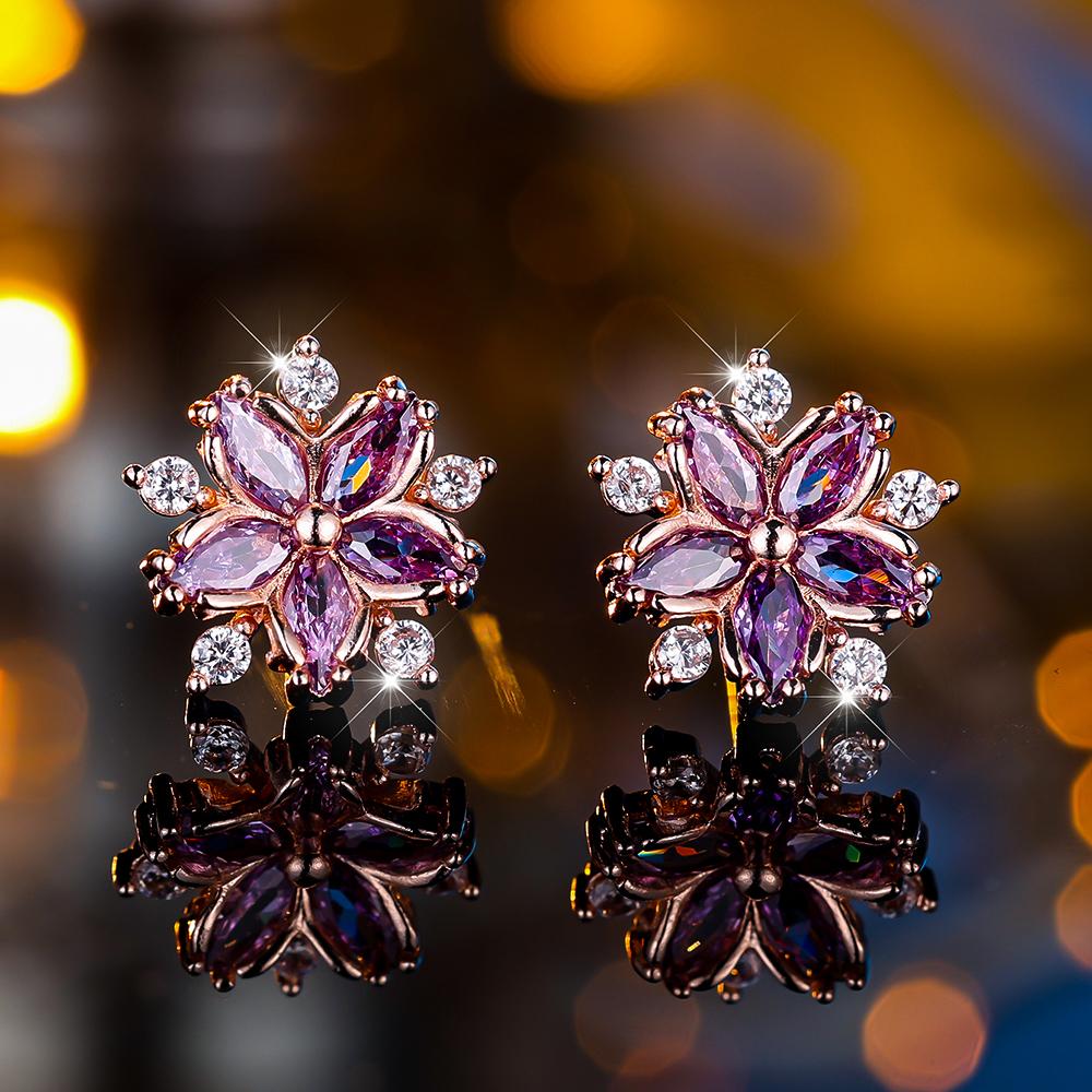 Cute Female White Purple Zircon Stone Snowflake Stud Earrings Vintage Rose Gold Color Wedding Jewelry For Women