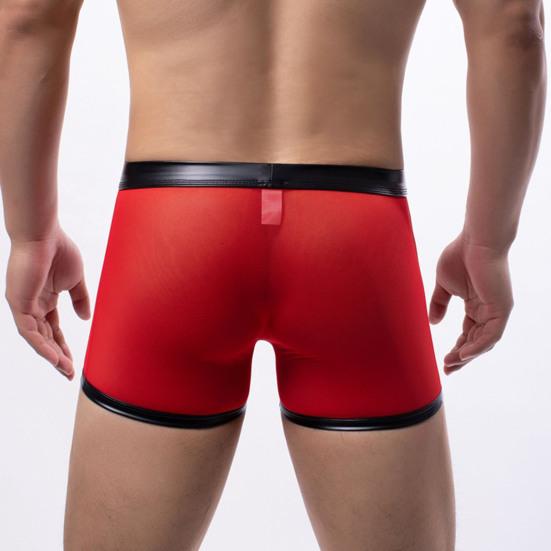 Sexy Herren-Unterhose, leicht zu öffnen, hohl, niedrige Taille, durchsichtiges Netz, Kunstleder, Patchwork, dünn, weich, atmungsaktiv, Boxershorts für Männer