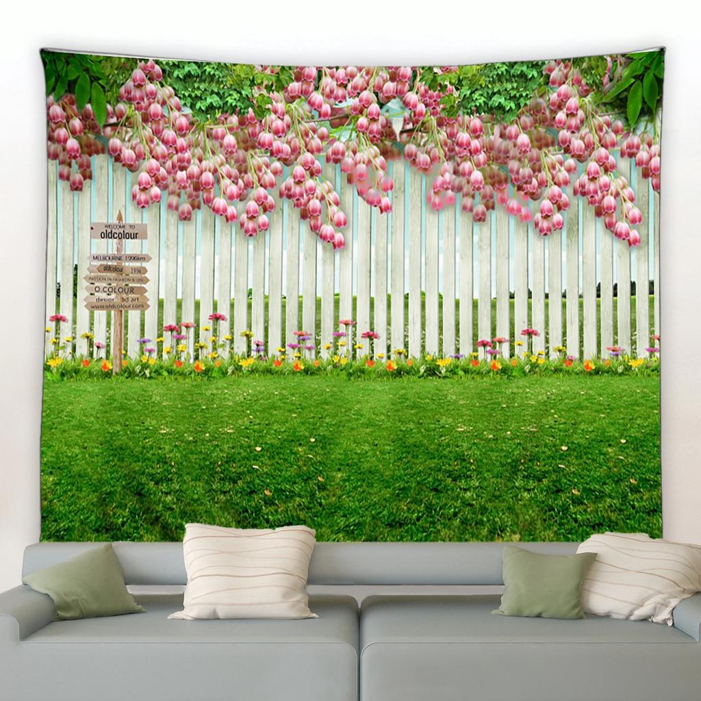 Spring Butterfly Flowers Tapestry Retro Wooden Fence Nature Pink Rose Plants Floral Wall Hanging Garden Home Decor Scenery Cloth