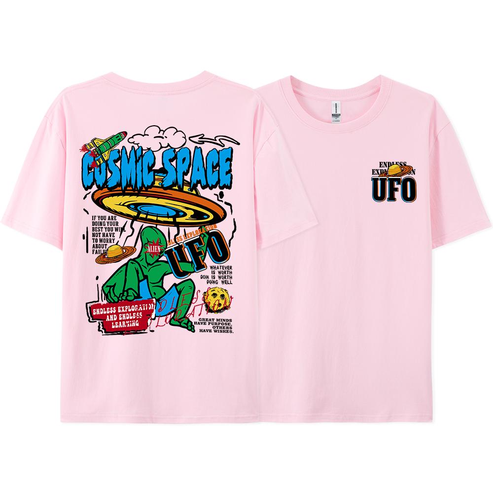 Summer Men's Letter UFO Alien Print Round Neck Short Sleeved Street Casual 100% Pure Cotton Hip-hop Loose T-shirt