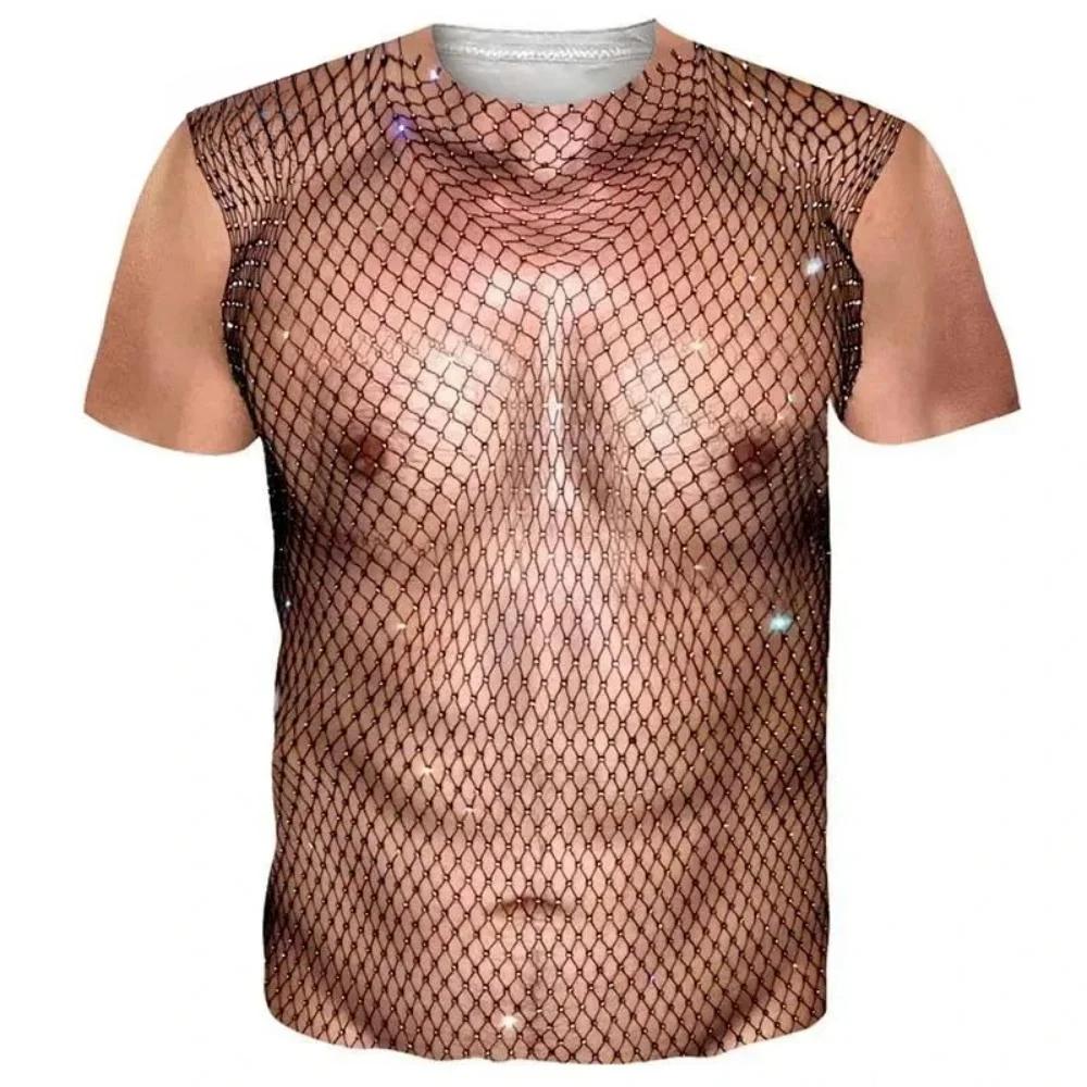 Summer Round Neck 3D Funny Muscle Body Print Top Fashionable Casual Short Sleeved Men's T-shirts