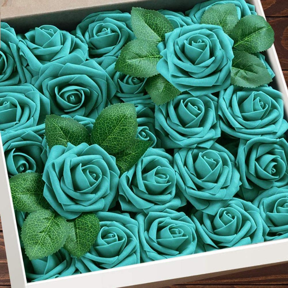 25PCS Lifelike Foam Artificial Flowers with Stems Boxed Fake Roses Floral Arrangements DIY Bouquets Home Decoration