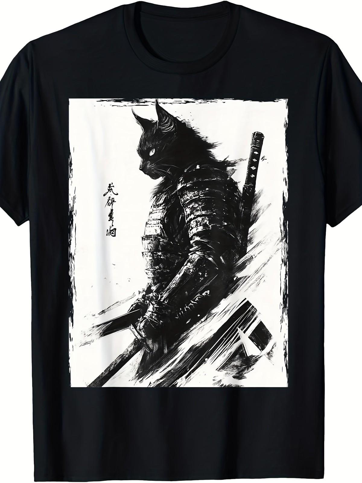 Vintage Japanese Samurai Warrior Cat Graphic Unisex T-Shirt Anime Style Art Tee S