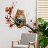 Cute Cat Reading On Flowering Branch Wall Stickers, Orange Cat with Little Bird Artistic Decor for Study Room Living Room Decoration