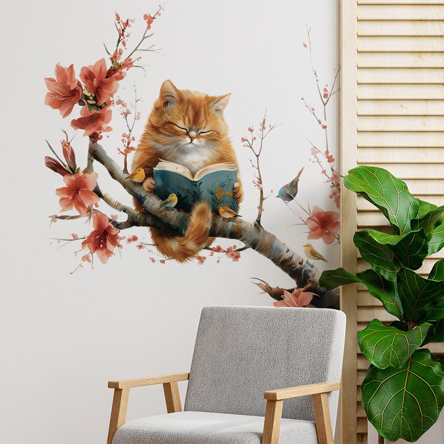 Cute Cat Reading On Flowering Branch Wall Stickers, Orange Cat with Little Bird Artistic Decor for Study Room Living Room Decoration