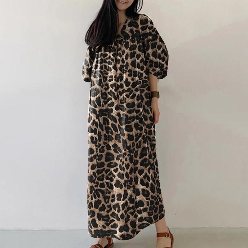 

ZANZEA Женское повседневное платье с V-образным вырезом, рукавами 3/4 и леопардовым принтом, свободного кроя, длинное 4XL хаки