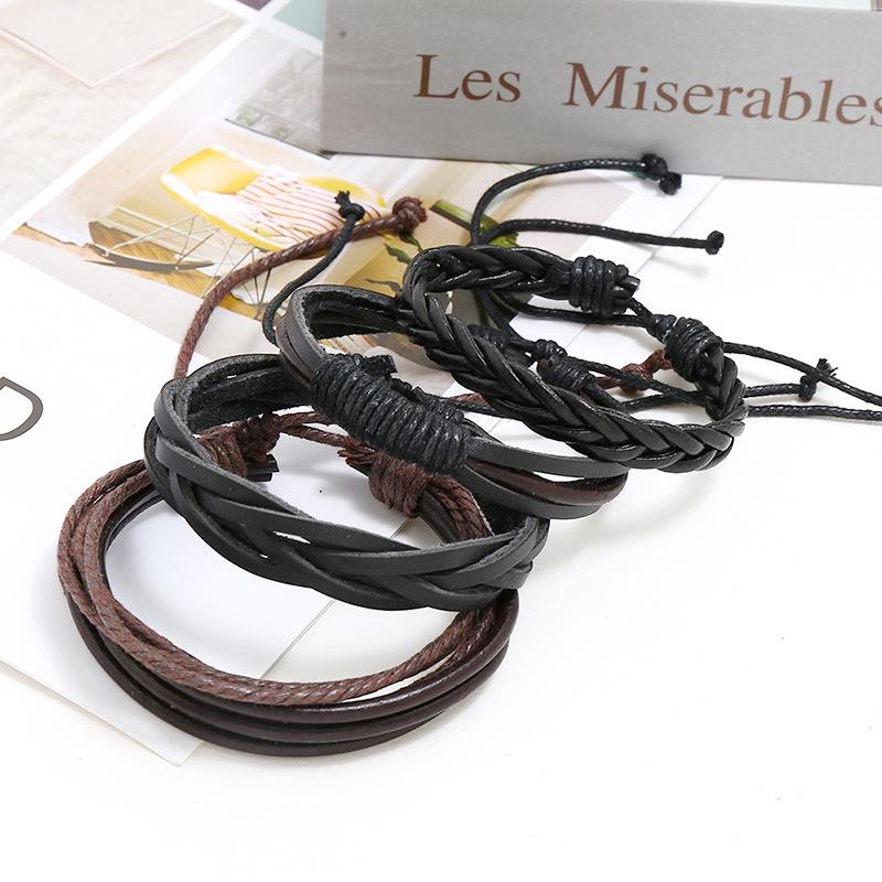 Cross-border European & American Multi-layer Cowhide Bracelet Set - 4-piece DIY Woven Leather Combination