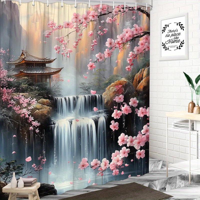 1pc Sakura Digital Printed Shower Curtain, Artistic Landscape Design, Includes Hooks, Suitable for Bathroom Wall & Bathtub Decor