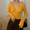 Otoño Invierno mujer cuello en V Color sólido manga larga plisado parte inferior de punto suéter elegante